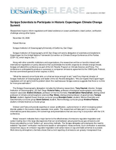 Scripps Scientists to Participate in Historic Copenhagen Climate Change Summit--Researchers hope to inform negotiators with latest evidence on ocean acidification, black carbon, verification challenge among other topics