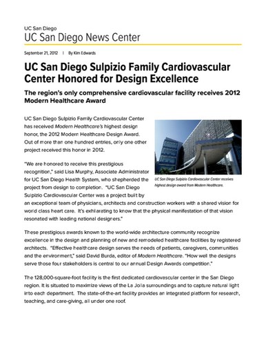 UC San Diego Sulpizio Family Cardiovascular Center Honored for Design Excellence