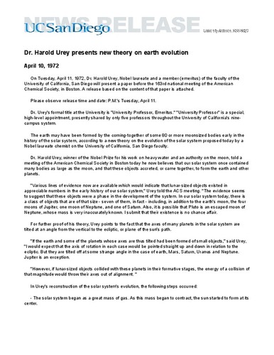 Dr. Harold Urey presents new theory on earth evolution