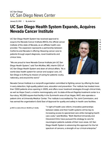 UC San Diego Health System Expands, Acquires Nevada Cancer Institute