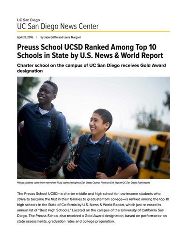 Preuss School UCSD Ranked Among Top 10 Schools in State by U.S. News & World Report