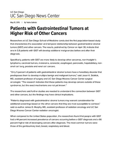 Patients with Gastrointestinal Tumors at Higher Risk of Other Cancers