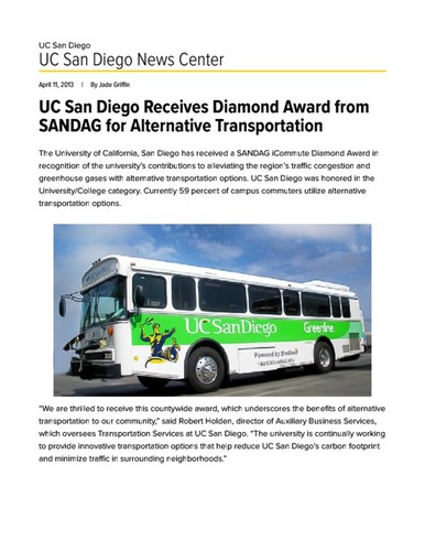 UC San Diego Receives Diamond Award from SANDAG for Alternative Transportation