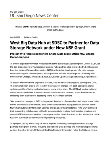 West Big Data Hub at SDSC to Partner for Data Storage Network under New NSF Grant