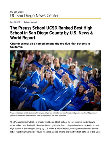 The Preuss School UCSD Ranked Best High School in San Diego County by U.S. News & World Report