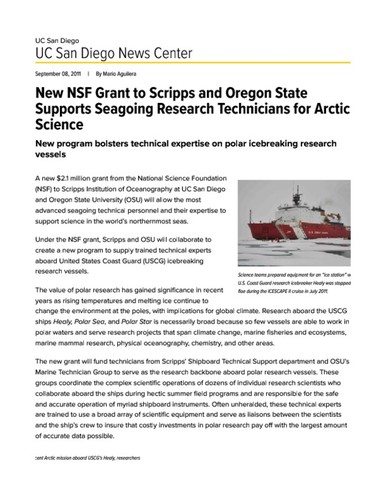 New NSF Grant to Scripps and Oregon State Supports Seagoing Research Technicians for Arctic Science