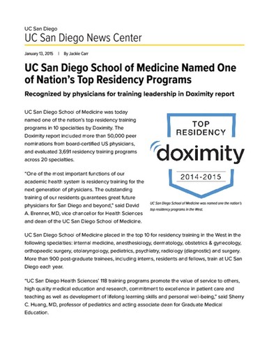 UC San Diego School of Medicine Named One of Nation’s Top Residency Programs