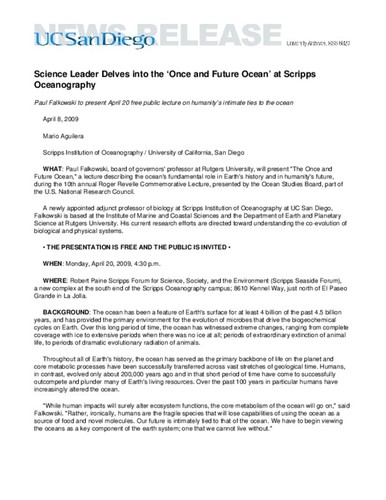 Science Leader Delves into the ‘Once and Future Ocean’ at Scripps Oceanography--Paul Falkowski to present April 20 free public lecture on humanity’s intimate ties to the ocean