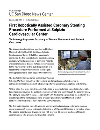 First Robotically Assisted Coronary Stenting Procedure Performed at Sulpizio Cardiovascular Center