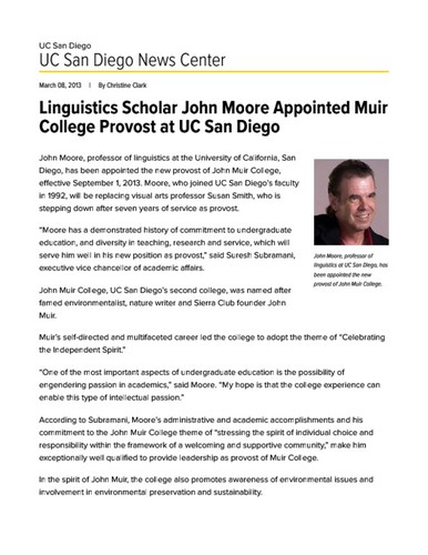 Linguistics Scholar John Moore Appointed Muir College Provost at UC San Diego