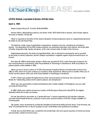 UCSD Nobel Laureate Hannes Alfvén dies