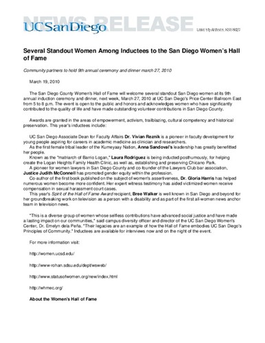 Several Standout Women Among Inductees to the San Diego Women’s Hall of Fame--Community partners to hold 9th annual ceremony and dinner march 27, 2010