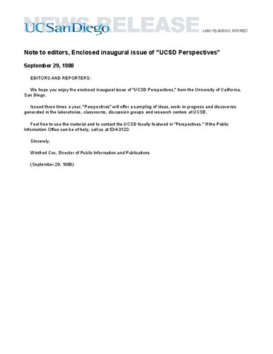 Note to editors, Enclosed inaugural issue of "UCSD Perspectives"