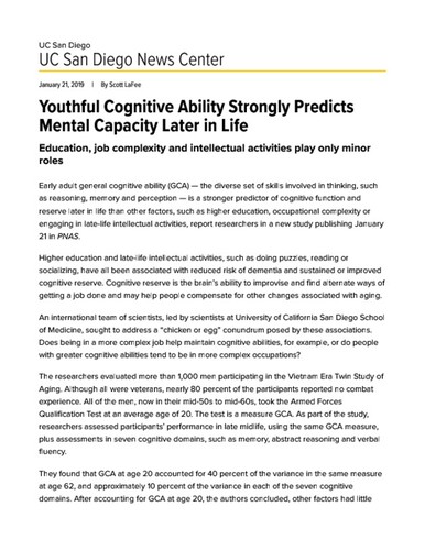 Youthful Cognitive Ability Strongly Predicts Mental Capacity Later in Life