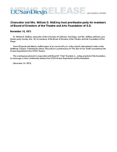 Chancellor and Mrs. William D. McElroy host pre-theatre party for members of Board of Directors of the Theatre and Arts Foundation of S.D