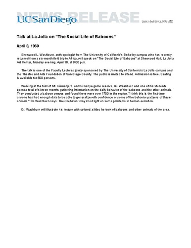 Talk at La Jolla on "The Social Life of Baboons"
