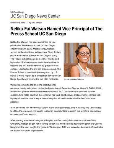 Nelika-Fai Watson Named Vice Principal of The Preuss School UC San Diego