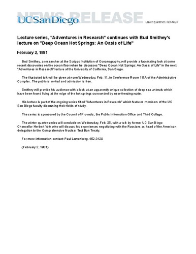 Lecture series, "Adventures in Research" continues with Bud Smithey's lecture on "Deep Ocean Hot Springs: An Oasis of Life"