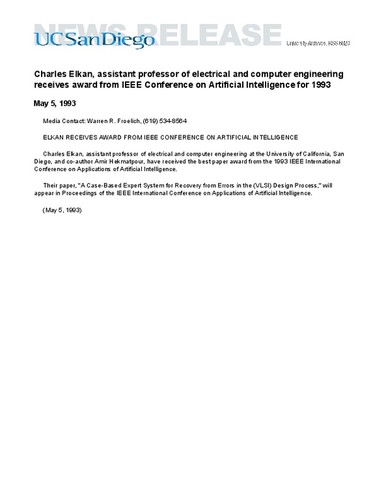 Charles Elkan, assistant professor of electrical and computer engineering receives award from IEEE Conference on Artificial Intelligence for 1993