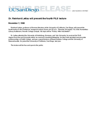 Dr. Reinhard Lettau will present the fourth PILS lecture