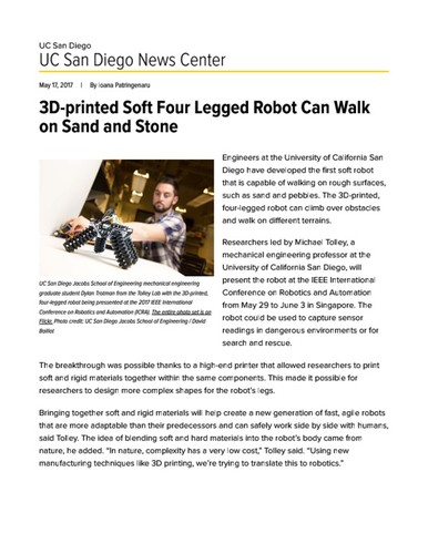 3D-printed Soft Four Legged Robot Can Walk on Sand and Stone