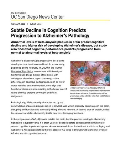 Subtle Decline in Cognition Predicts Progression to Alzheimer’s Pathology