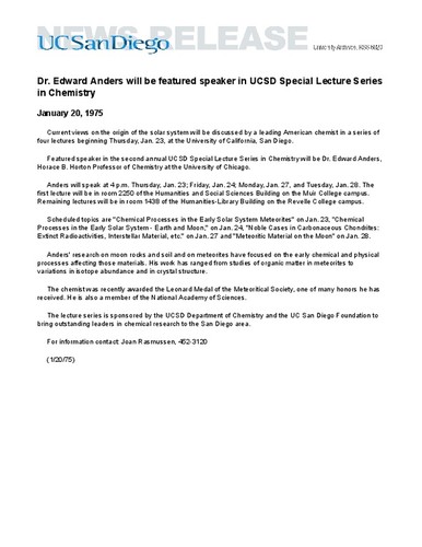 Dr. Edward Anders will be featured speaker in UCSD Special Lecture Series in Chemistry