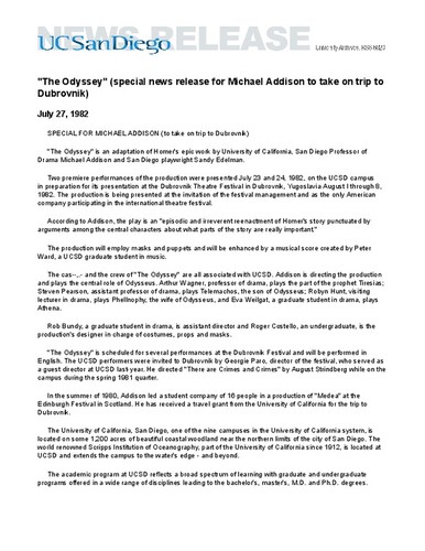 "The Odyssey" (special news release for Michael Addison to take on trip to Dubrovnik)