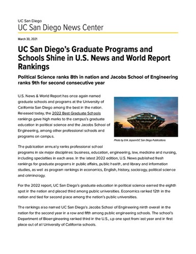 UC San Diego’s Graduate Programs and Schools Shine in U.S. News and World Report Rankings