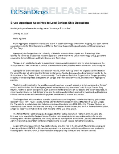 Bruce Appelgate Appointed to Lead Scripps Ship Operations--Marine geology and ocean technology expert to manage Scripps fleet