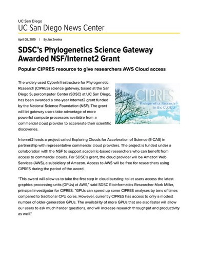 SDSC’s Phylogenetics Science Gateway Awarded NSF/Internet2 Grant