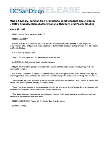 Media Advisory, Senator Alan Cranston to speak at panel discussion in UCSD's Graduate School of International Relations and Pacific Studies