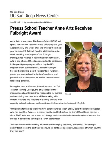 Preuss School Teacher Anne Artz Receives Fulbright Award