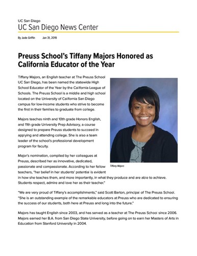 Preuss School’s Tiffany Majors Honored as California Educator of the Year