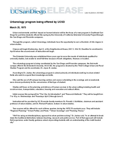 Urbanology program being offered by UCSD