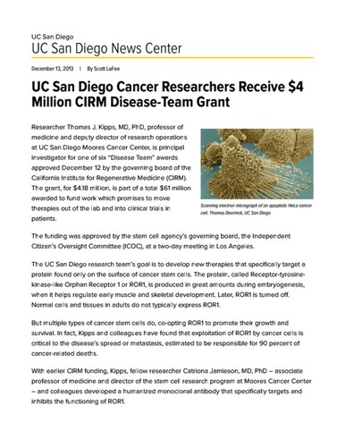 UC San Diego Cancer Researchers Receive $4 Million CIRM Disease-Team Grant