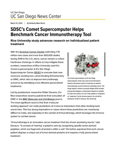 SDSC’s Comet Supercomputer Helps Benchmark Cancer Immunotherapy Tool