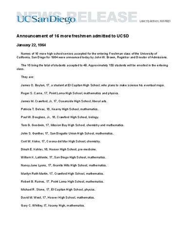 Announcement of 16 more freshmen admitted to UCSD