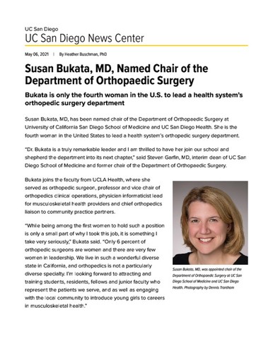 Susan Bukata, MD, Named Chair of the Department of Orthopaedic Surgery ...