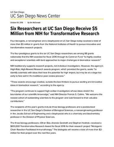 Six Researchers at UC San Diego Receive $5 Million from NIH for Transformative Research