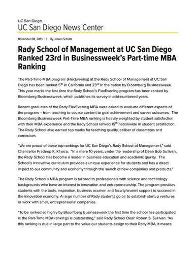 Rady School of Management at UC San Diego Ranked 23rd in Businessweek’s Part-time MBA Ranking