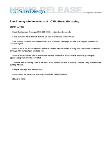 Free Sunday afternoon tours of UCSD offered this spring