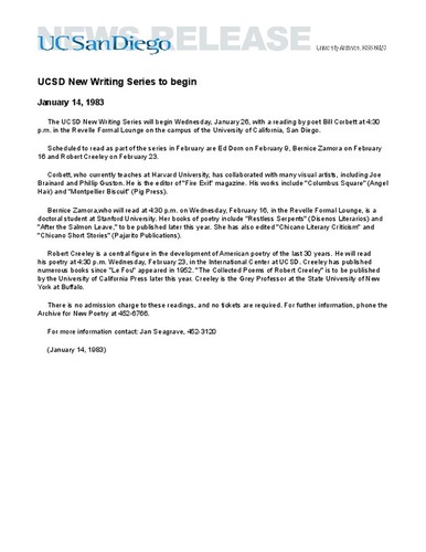 UCSD New Writing Series to begin
