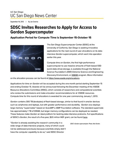 SDSC Invites Researches to Apply for Access to Gordon Supercomputer