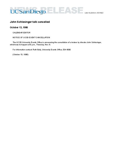 John Schlesinger talk cancelled