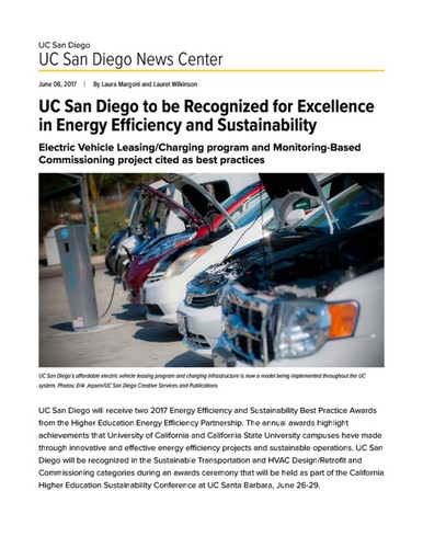 UC San Diego to be Recognized for Excellence in Energy Efficiency and Sustainability