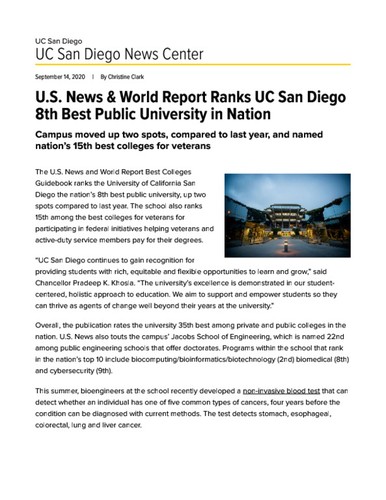 U.S. News & World Report Ranks UC San Diego 8th Best Public University in Nation