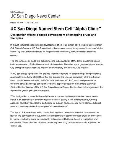 UC San Diego Named Stem Cell “Alpha Clinic”