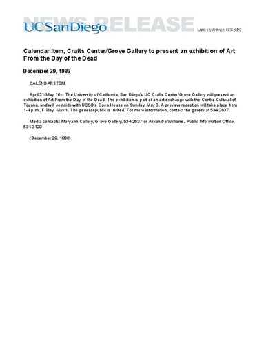 Calendar Item, Crafts Center/Grove Gallery to present an exhibition of Art From the Day of the Dead