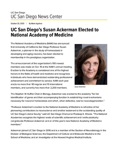 UC San Diego’s Susan Ackerman Elected to National Academy of Medicine